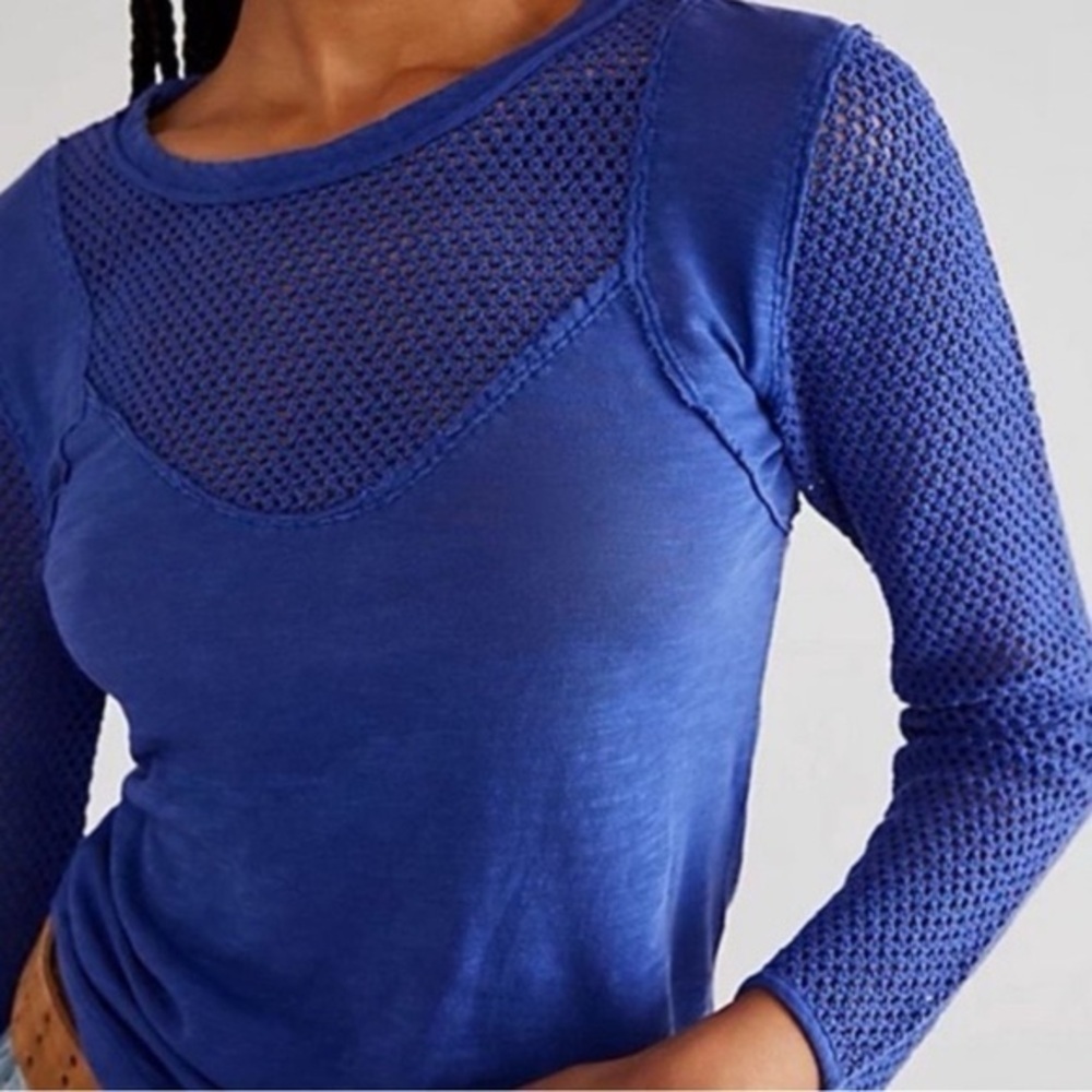 We The Free Free People Cobalt Blue Mesh Crochet Long Sleeve Top XS